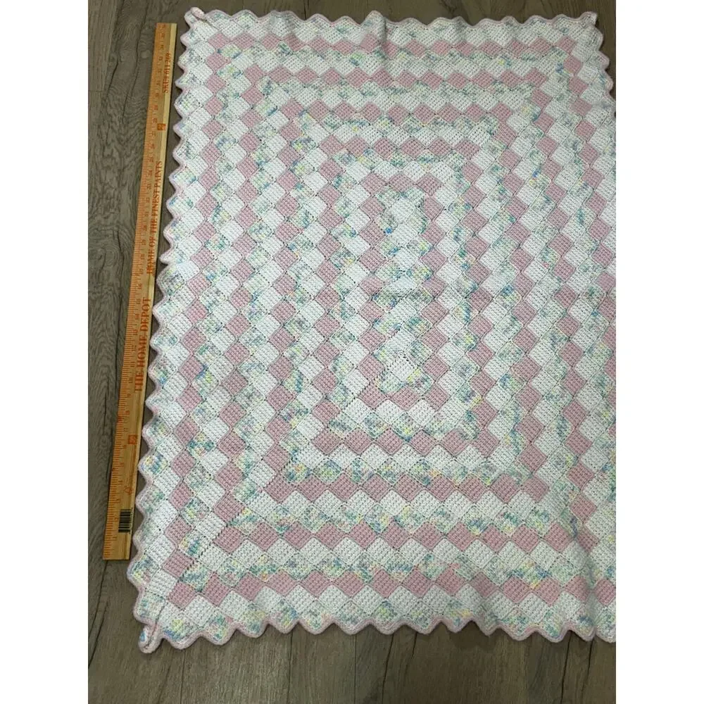 Handmade Crochet Baby Blanket Pink White Pastel Basketweave Vintage Style